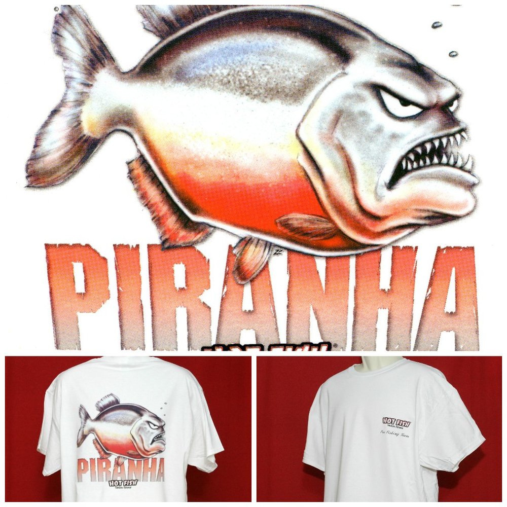 Hotfish Hardcore Fishwear Fishing T-Shirt Angry Grumpy Piranha Fish Gildan XL
